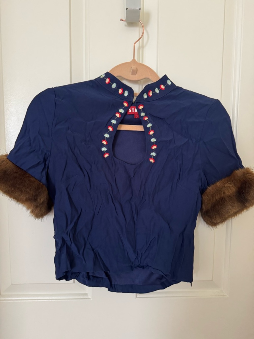 STAUD Navy Embroidered Keyhole Top with Brown Faux Fur Cuffs
